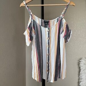 Torrid Cold Shoulder Top Button Down‎ Striped Casual Blouse Size 00